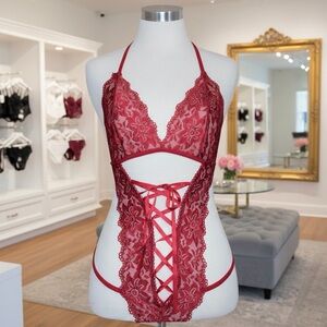 🌬️ Red Floral Lace Corset Lace-Up Halter Lingerie Set NWT | L-Adjustable